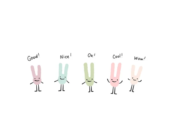Ensemble de lapins pastel disant quelque chose illustration vectorielle dessinée à la main dans le style bande dessinée lettrage — Image vectorielle