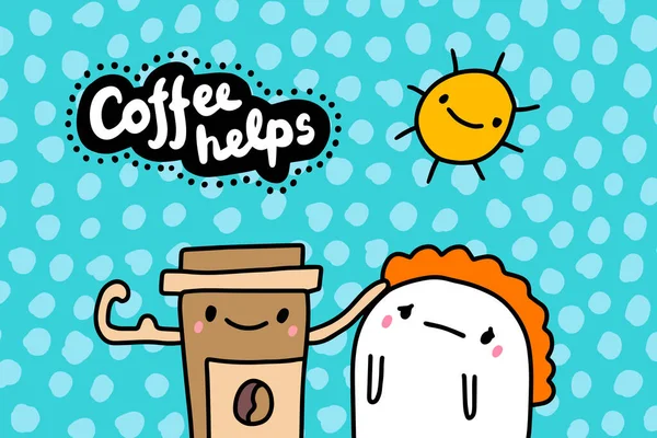 Kaffee hilft handgezeichnete Vektorillustration im Comic-Stil Tasse und Mann — Stockvektor