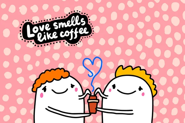 L'amour sent comme le café dessiné à la main illustration vectorielle en bande dessinée couple de style comique boire ensemble — Image vectorielle