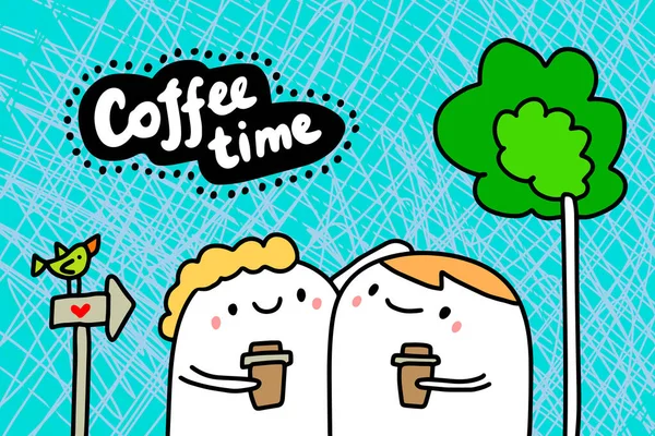 Tiempo de café ilustración vectorial dibujado a mano en caricatura estilo cómico pareja juntos beber — Vector de stock