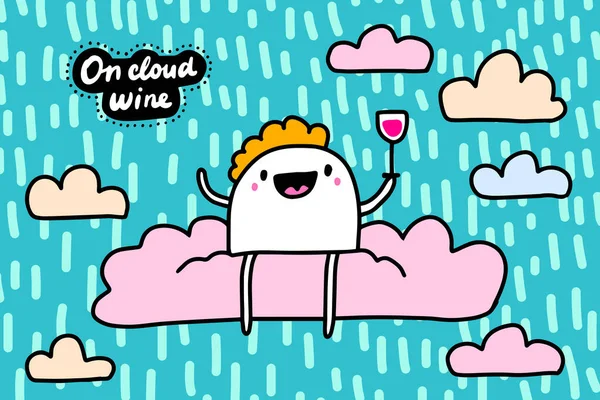 Op wolk wijn hand getekend vector illustratie in cartoon stripverhaal man zittend op pastel vorm hemel textuur belettering — Stockvector
