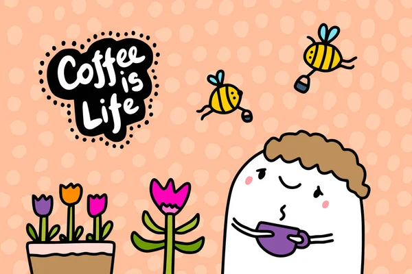 Café est la vie dessinée à la main illustration vectorielle dans le style bande dessinée homme fleurs — Image vectorielle