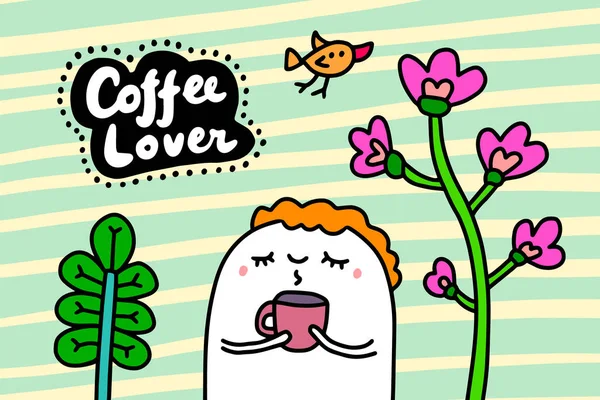 Amante del café dibujado a mano vector ilustración en dibujos animados estilo cómico hombre sosteniendo taza — Vector de stock