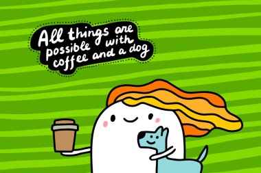 Çizgi film çizgi filminde her şey mümkündür. Çizgi film karakteri kadın kucağında kupa içeceği.