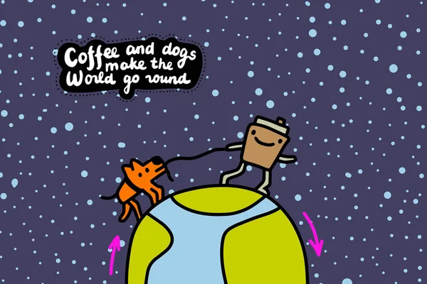 Café y perros hacen que el mundo gire ilustración vectorial dibujada a mano en la taza de estilo cómico de dibujos animados celebración de mascotas — Vector de stock