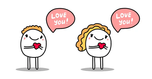 Amor dibujado a mano ilustración vectorial en dibujos animados estilo cómico hombre chica diciendo burbuja de habla — Archivo Imágenes Vectoriales