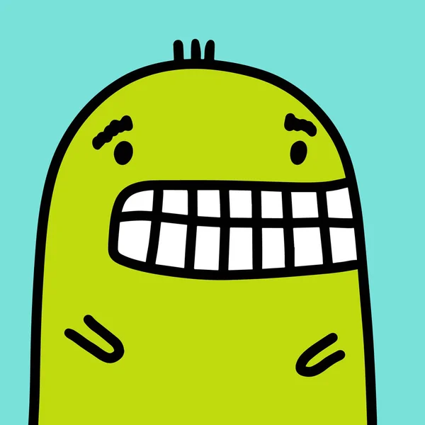 Aranyos zöld szörny boldog arc kézzel rajzolt vektor illusztráció rajzfilm képregény stílusban — Stock Vector