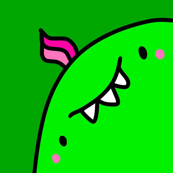 かわいい緑のモンスターハッピーフェイスの手描きベクトルイラストで漫画の漫画スタイルの歯 — ストックベクタ