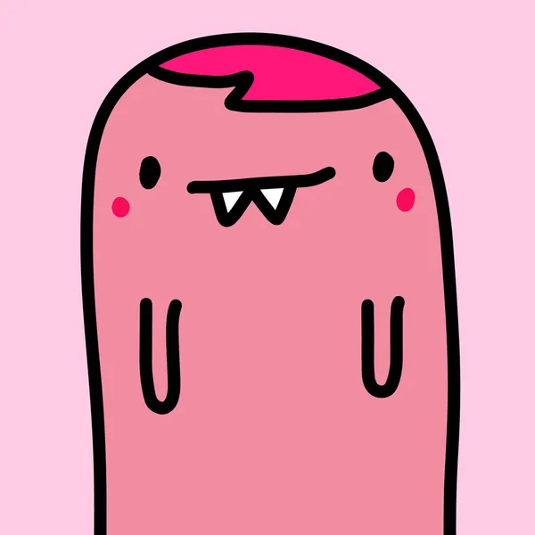 Happy cheerful pink monster hand drawn vector illustration in cartoon comic style — 스톡 벡터
