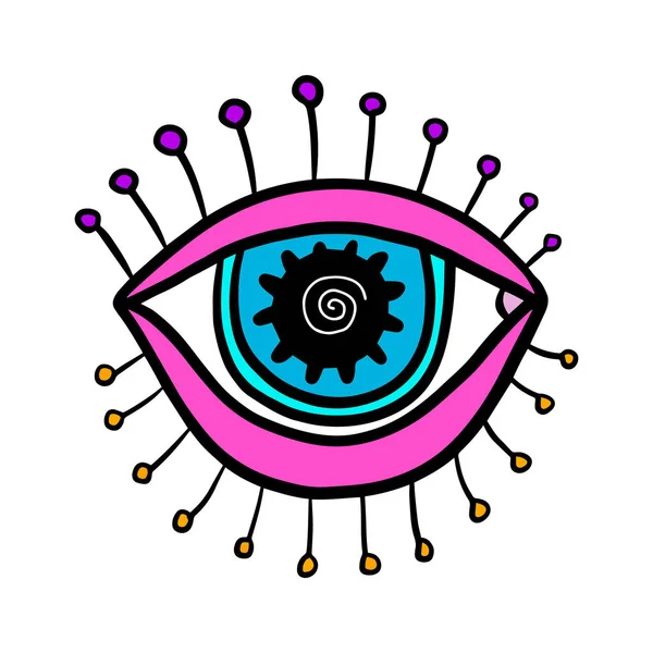 Roze blauw psychedelisch oog in cartoon stripverhaal logo illustratie — Stockvector