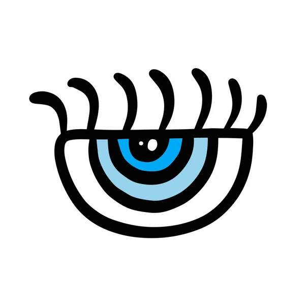 Modré oko symbol ručně kreslené logo v kresleném komiksu styl dlouhé řasy tvoří plakát tisk psychedelický duchovní — Stockový vektor