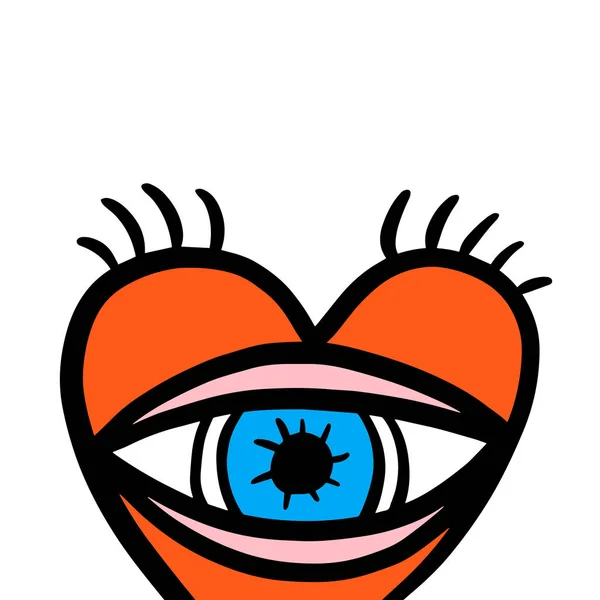 Eye in heart with lashes hand drawn vector logo in cartoon comic style — 스톡 벡터