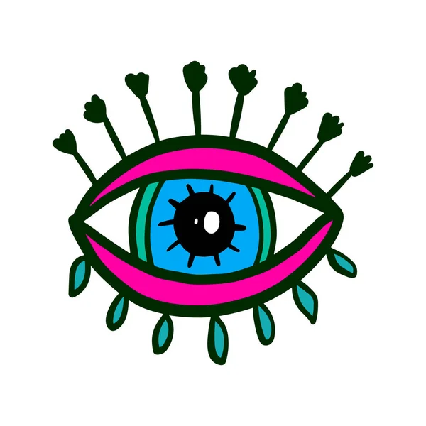 Ilustración del logotipo de ojo dibujado a mano verde rosado en estilo cómico de dibujos animados — Archivo Imágenes Vectoriales