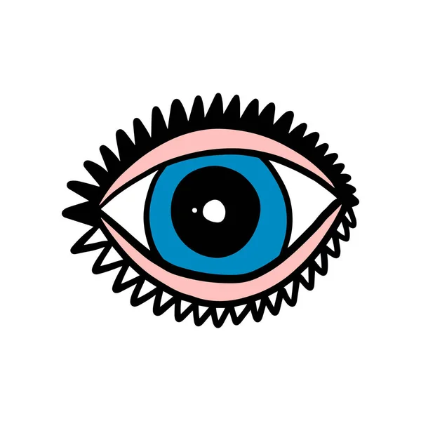 Offene psychedelische blaue Augen Hand gezeichnet Vektor Logo Illustration in Comic-Stil Druck Poster Make-up — Stockvektor