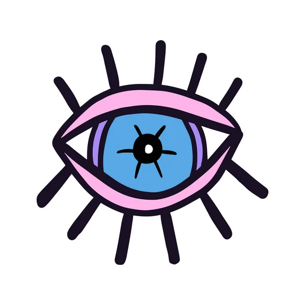 Open psychedelic blue eye hand drawn vector logo illustration in cartoon comic style print poster make up — 스톡 벡터