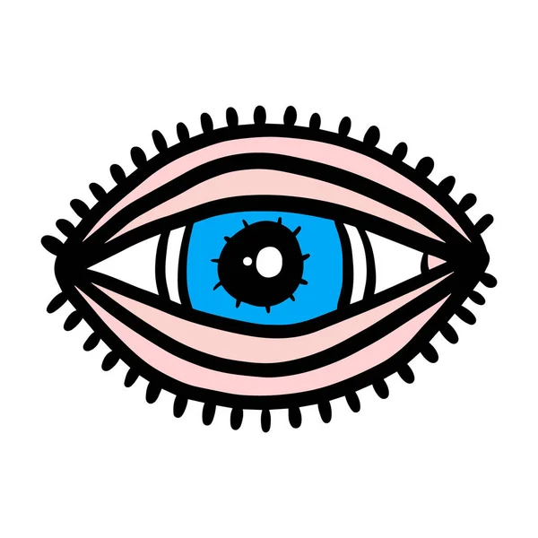 Open psychedelic blue eye hand drawn vector logo illustration in cartoon comic style — 스톡 벡터