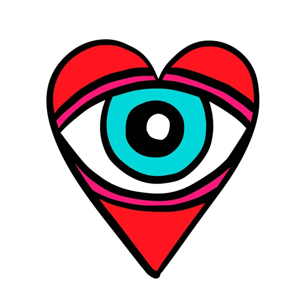 Eye in heart hand drawn vector logo in cartoon comic style illustration for prints posters psychedelic — 스톡 벡터