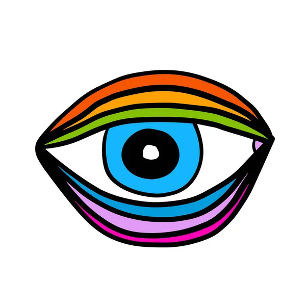 Duhová ruka kreslené otevřené oko symbol v kreslené komické stloue pulzující barvy — Stockový vektor