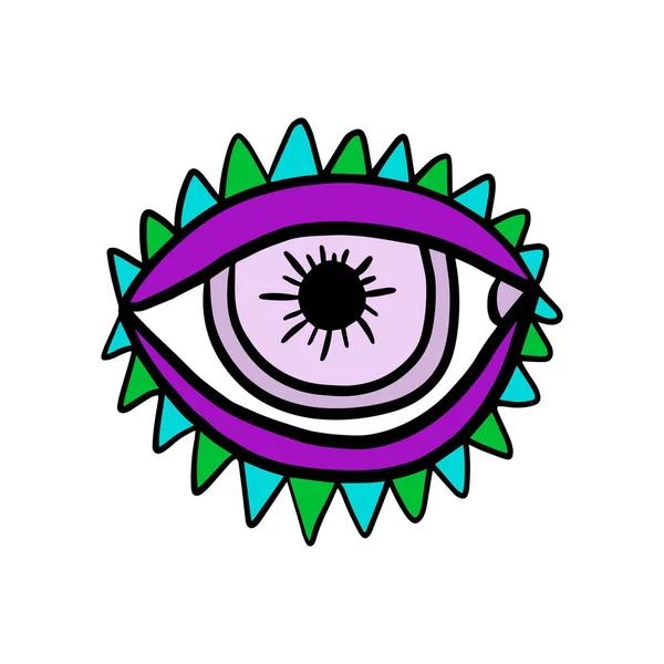 Psychedelisch violet groen turquoise oog in cartoon stripverhaal stlye logo illustratie — Stockvector