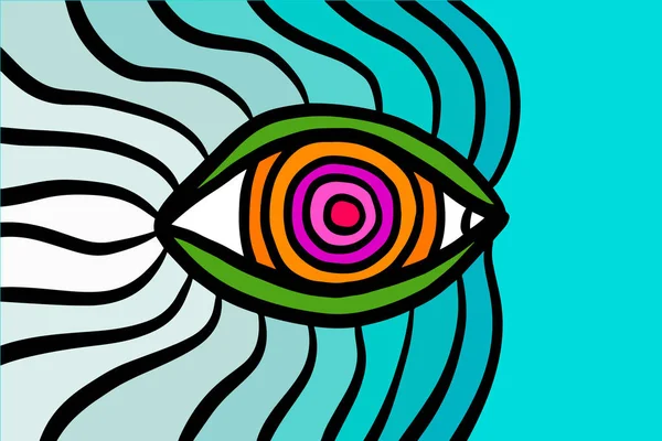 Zwevend oog psychedelisch behang in cartoon comic stijl blauw turquoise paars oranje — Stockvector