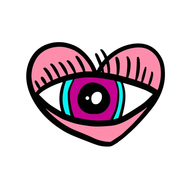 Open oog in hart hand getekend vector illustratie logo in cartoon strip stlye rood blauw mystiek symbool psychedelisch — Stockvector