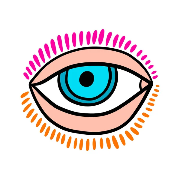 Öppet öga med färgglada fransar handritade vektor logotyp illustration i tecknad komisk stil — Stock vektor