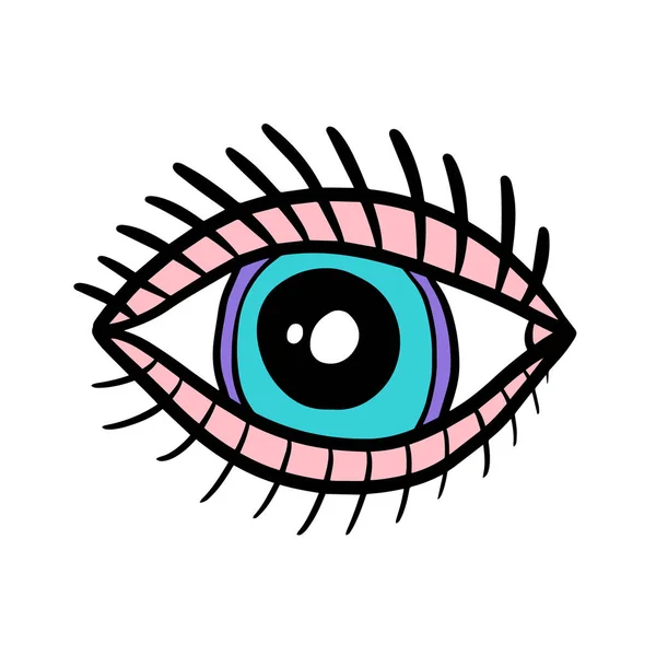 Otevřené oko symbol ručně kreslené vektorové ilustrace v kresleném komiksu stlye růžové modré řasy — Stockový vektor