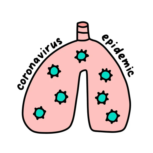 Pulmones epidémicos de Coronavirus ilustración vectorial dibujada a mano en caricatura estilo cómic rosa turquesa — Vector de stock