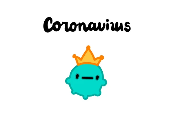 Illustration vectorielle dessinée à la main Coronavirus dans un personnage de style bande dessinée turquoise avec couronne jaune — Image vectorielle