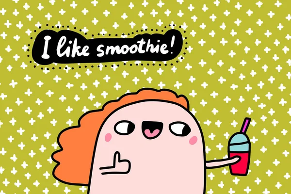 Lubię Smoothie Ręcznie Rysowane Wektor Ilustracji Komiks Kreskówki Kobieta Trzyma — Wektor stockowy