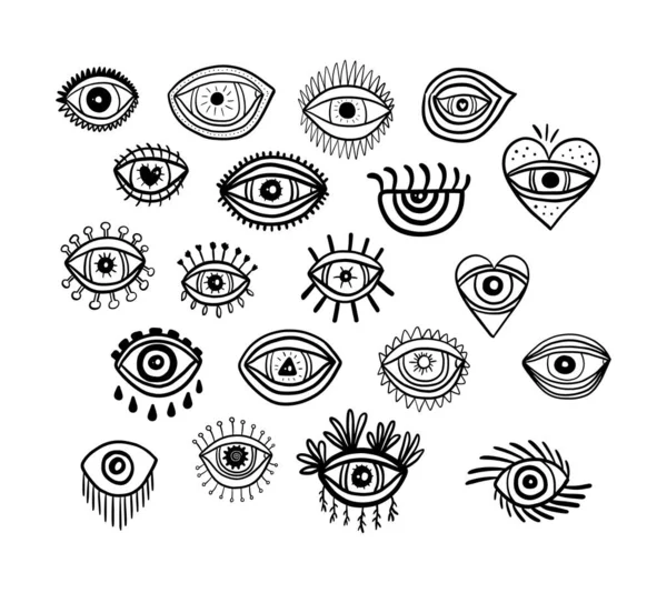 Grandes Ojos Espirituales Conjunto Ilustración Vector Dibujado Mano Estilo Cómico — Vector de stock