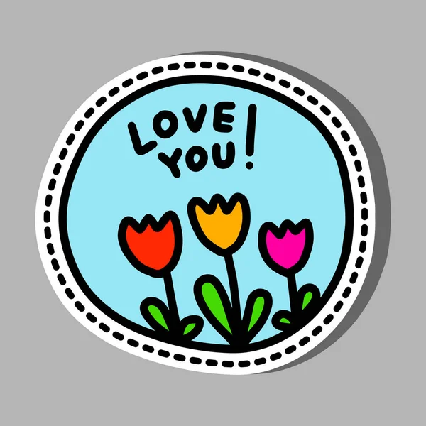Amo Você Macio Adesivo Pin Patch Ilustração Com Vibrante Tulipas — Vetor de Stock