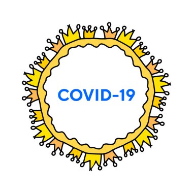 Covid-19 Coronavirus el çizimi vektör çizimi karikatür tarzı posterler için enfeksiyon etrafında taçlar