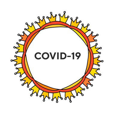 Covid-19 Coronavirus el çizimi vektör çizimi karikatür tarzı posterler için enfeksiyon etrafında taçlar