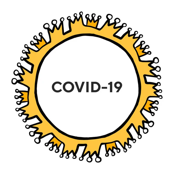Covid Coronavirus手绘病媒图片 用漫画风格的冠冕环绕感染打印海报卡片 — 图库矢量图片