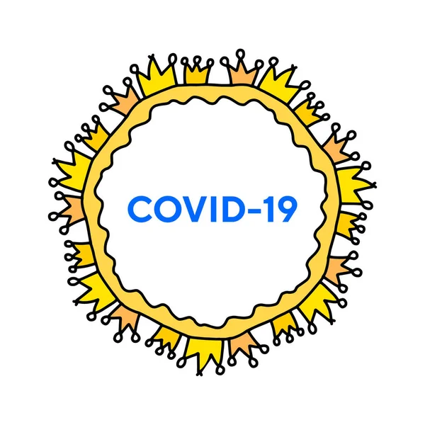 Covid Coronavirus手绘病媒图片 用漫画风格的冠冕环绕感染 用于印刷海报 — 图库矢量图片