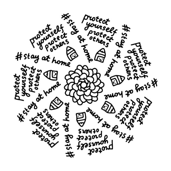 Защитите себя другие остаться дома рисовал векторные иллюстрации в мультяшном комиксе буквы инфекционной поддержки мандала
