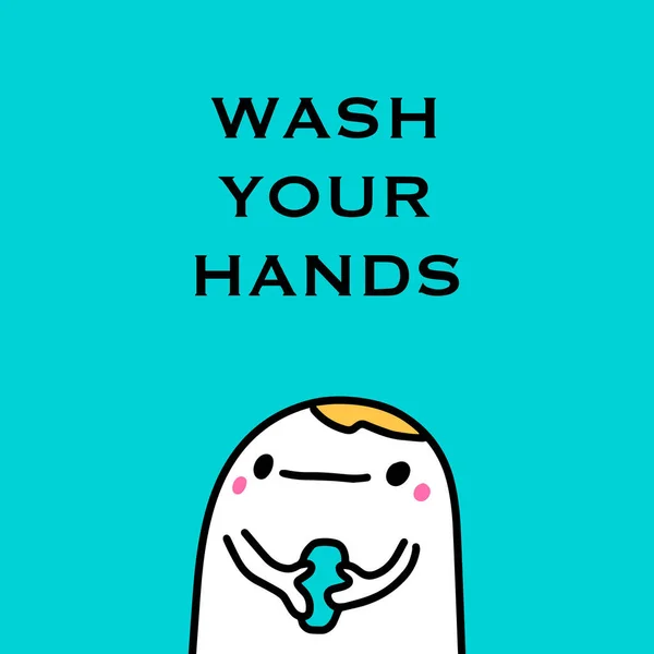 Вымойте руки векторной иллюстрацией в мультяшном комиксе человек держит мир гигиены мыла в то время как инфекция коронавируса covid-19 печать плакат — стоковый вектор