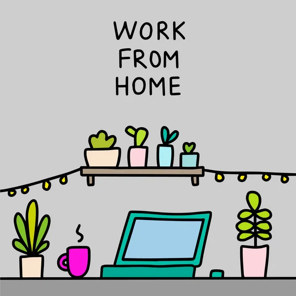 Trabalho a partir de casa mão desenhada ilustração vetorial em desenhos animados estilo cômico laptop quarentena isolamento escritório cores vibrantes —  Vetores de Stock