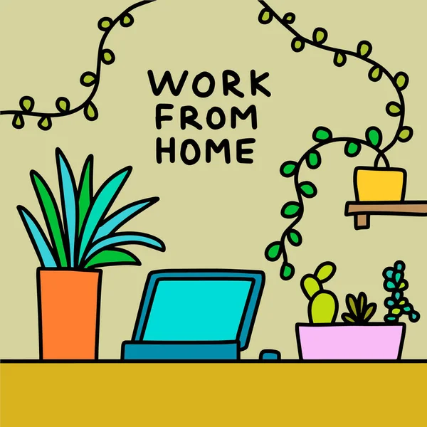 Werk vanuit huis met de hand getekend vector illustratie in cartoon comic stijl laptop quarantaine isolatie kantoor levendige kleuren — Stockvector