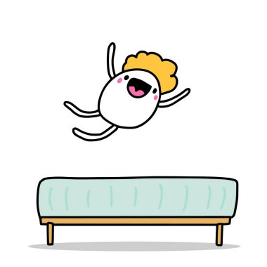 Çizgi roman tarzı yatak mobilyalarında el çizimi vektör illüstrasyonuna atlayan adam ve yatak