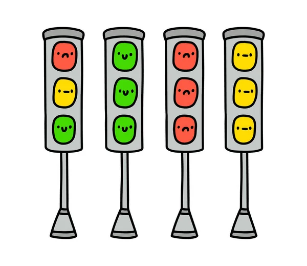 Verkeerslichten groen geel rood met glimlachen expressieve gezichten hand getekend vector illustratie in cartoon stripverhaal stijl — Stockvector