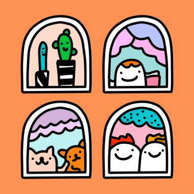 Birlikte evde kalıp enfeksiyon kapmak komik-19 Coronavirus koruması dünya çapında karikatür tarzında resimler çizmek insanlar evcil hayvanları canlı olarak yerleştirir.