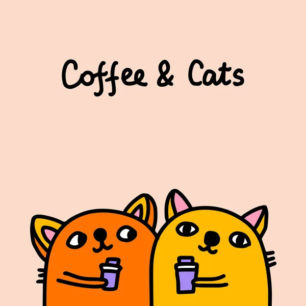 Café Chats Dessin Main Illustration Vectorielle Dans Bande Dessinée Animaux — Image vectorielle