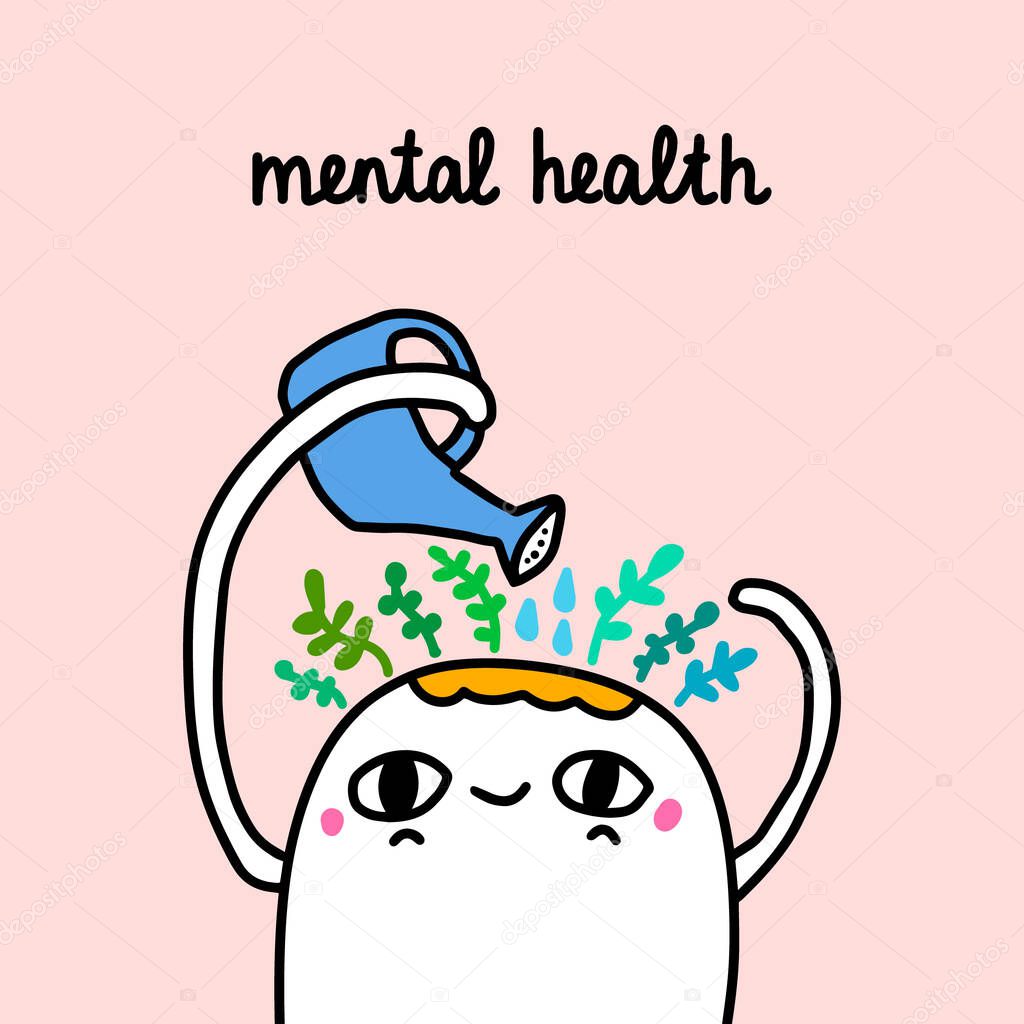 Mental health hand drawn vector illustration in cartoon comic style man growing plants head garden neurology illness awareness print poster card banner