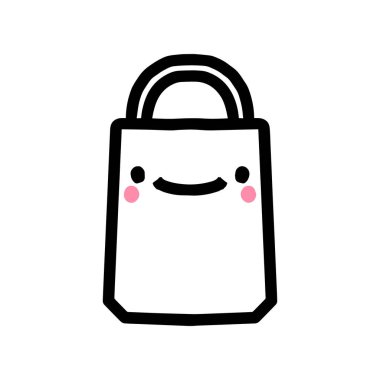 Alışveriş çantası gülümsemesi kawaii stili çizilmiş vektör çizimi çizgi film tarzı siyah beyaz