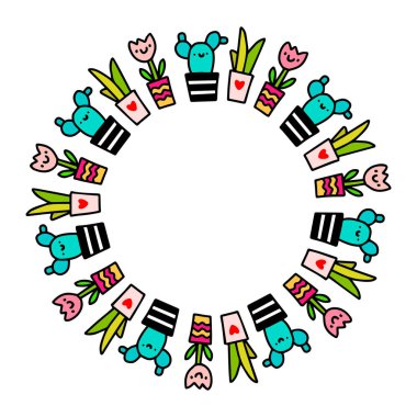 Kaktüs el çizimi vektör mandala çelengi çizimi karikatür çizimi bitkiler çiçek yetiştiriyor