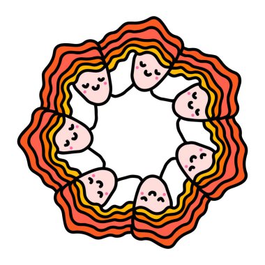 Güzel kadın el çizimi vektör çelenk çerçeve mandala çizgi film tarzı turuncu kırmızı