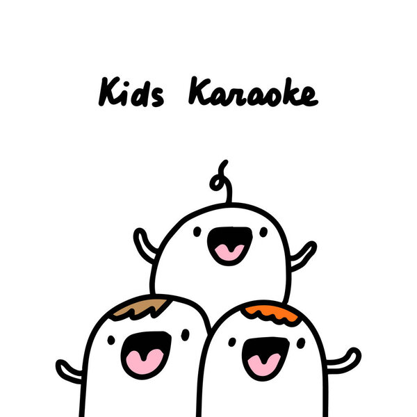 Kids karaoke hand drawn vector illustration in cartoon comic style small children singing vocal hobby