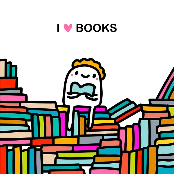 Kitapları severim. El çizimi vektör çizimleri. Çizgi roman tarzı adam kütüphanede oturuyor. — Stok Vektör